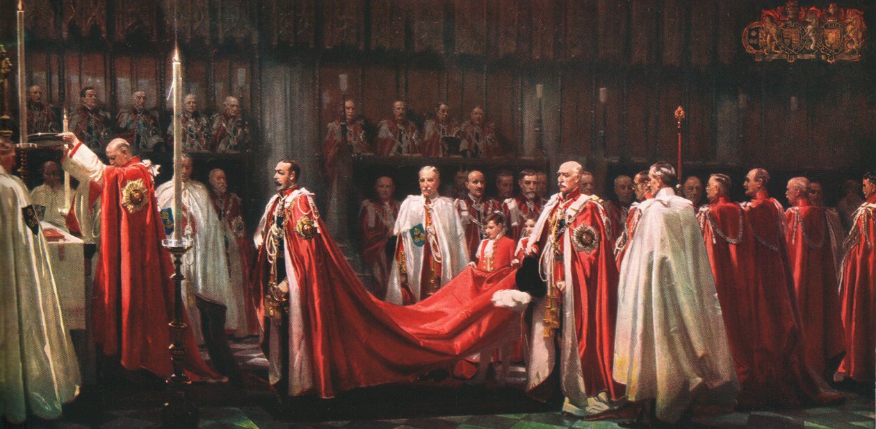 „Instalacja Rycerzy Zakonu Łaźni, Ofiara Króla”, 1928 autorstwa Frank O Salisbury