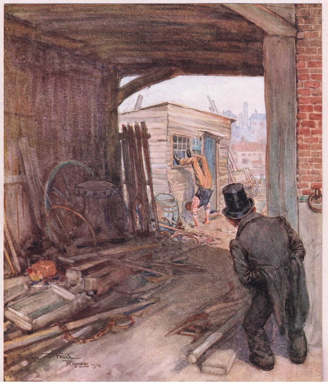 Gdy dotarł do celu, pierwszym obiektem, który rzucił mu się w oczy, była para bardzo niedoskonale obutych stóp w powietrzu, ok. 1920 r. (kolorowa litografia) autorstwa Frank Reynolds