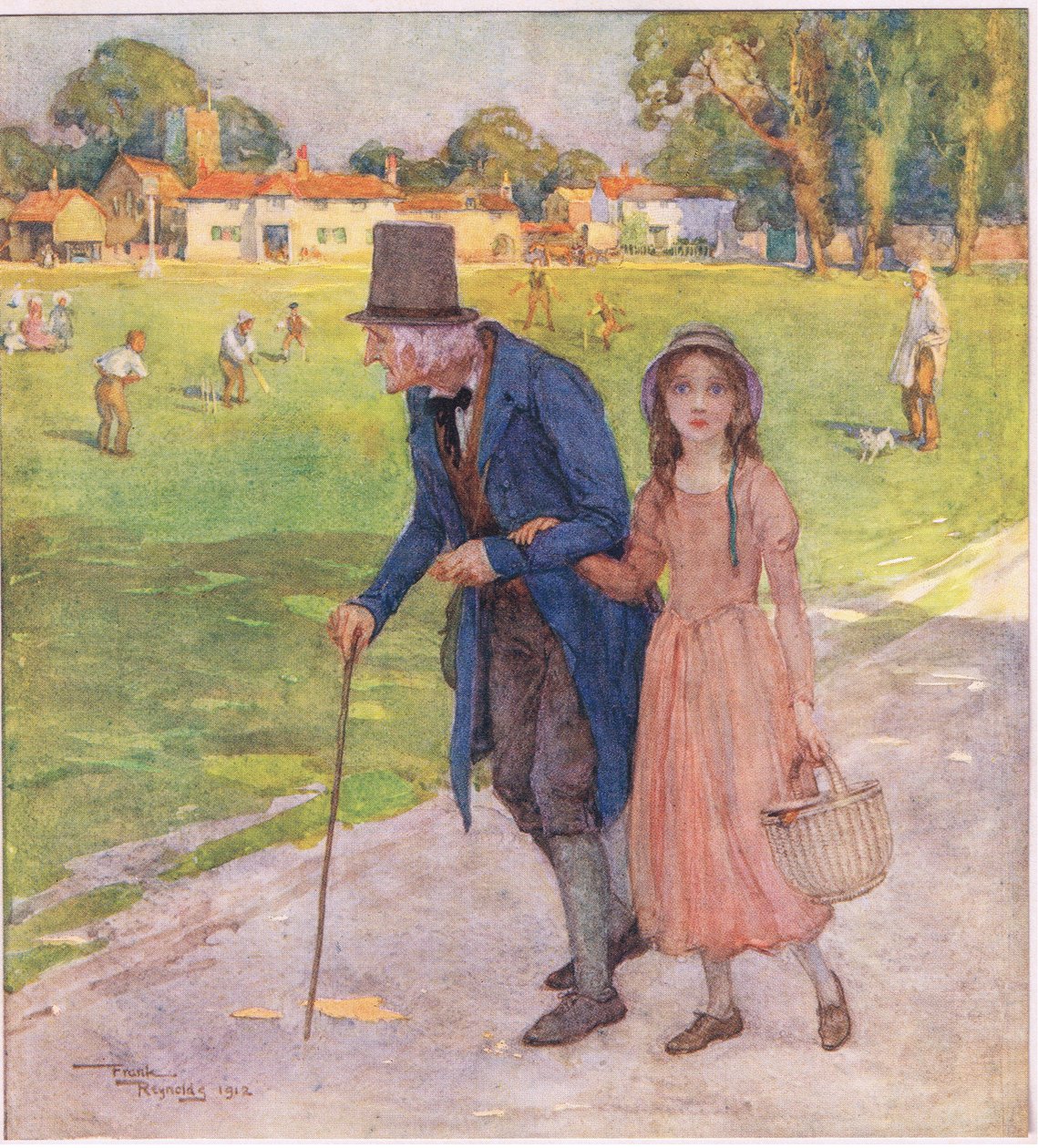 To było bardzo małe miejsce. Mężczyźni i chłopcy grają w krykieta na zielonym boisku, ok. 1920 r. (kolorowa litografia) autorstwa Frank Reynolds