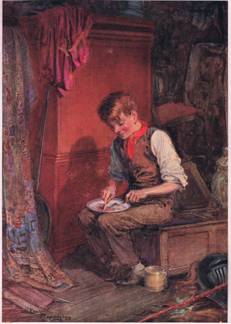 Kit zaniósł dużą kromkę chleba i mięsa do kąta i z wielką żarłocznością zabrał się do jej utylizacji, ok. 1920 r. (kolorowa litografia) autorstwa Frank Reynolds