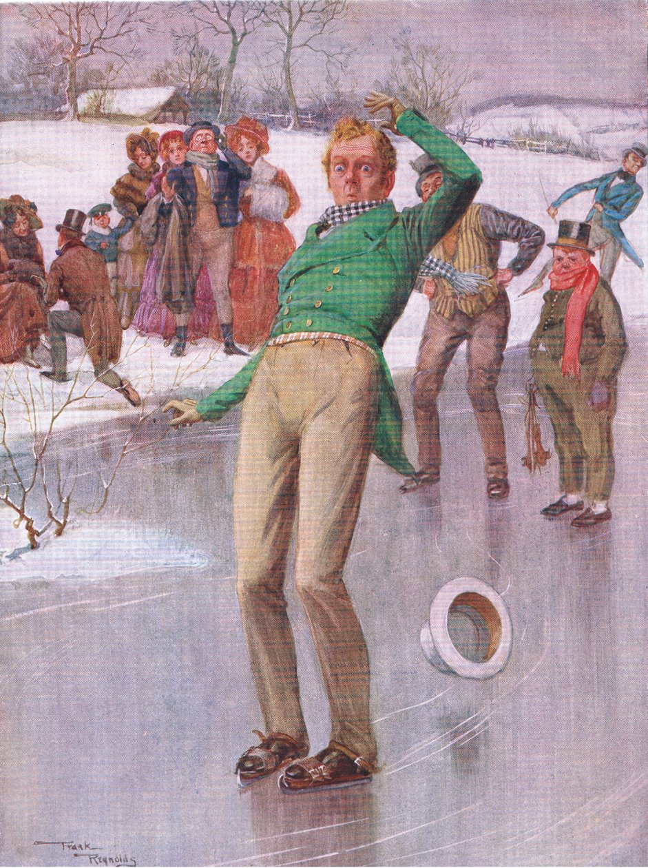 Pan Winkle na lodzie (Pickwick Papers) (kolorowa litografia) autorstwa Frank Reynolds