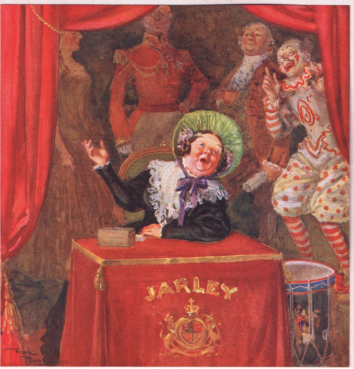 Pani Jarley siedziała na stanowisku płatniczym, brzęcząc srebrnymi pieniędzmi od południa do nocy, ok. 1920 r. (kolorowa litografia) autorstwa Frank Reynolds