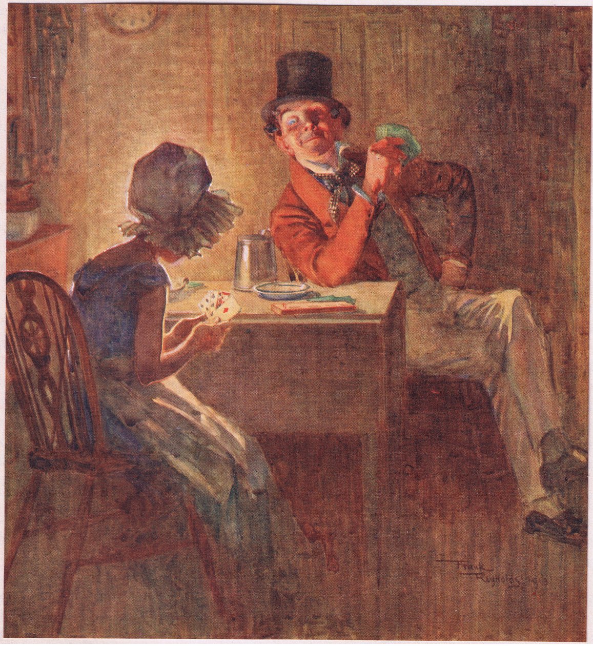 Marszandka trzymająca karty mocno w obu dłoniach, zastanawiająca się, którą zagrać, ok. 1920 r. (kolorowa litografia) autorstwa Frank Reynolds