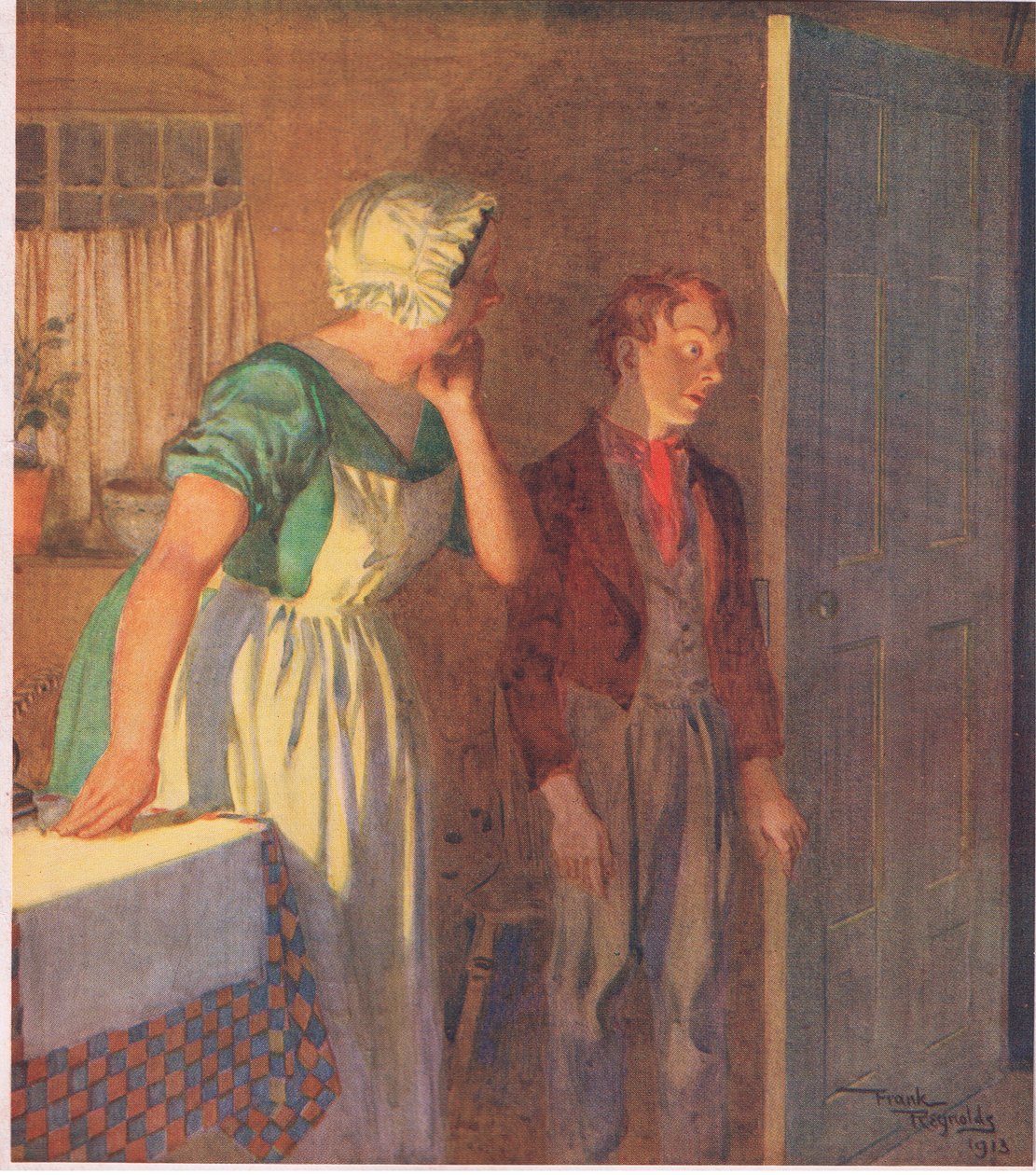Dziecko pospieszyło do drzwi i zniknęło tak szybko, jak się pojawiło, ok. 1920 r. (kolorowa litografia) autorstwa Frank Reynolds