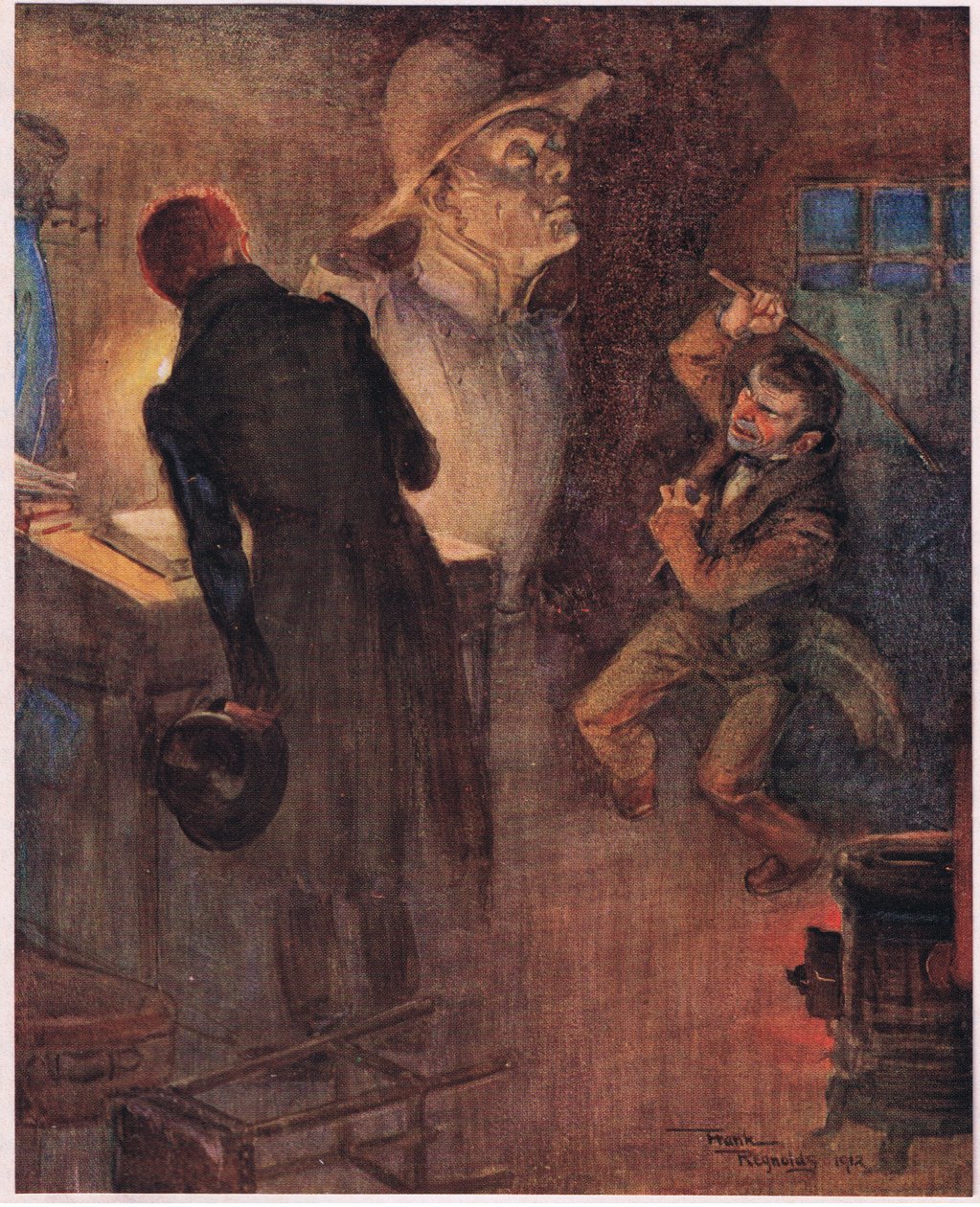 Karzeł rzucił gazetę, z której skandował cytowane wcześniej słowa, i chwycił żelazną sztabę, ok. 1920 r. (kolorowa litografia) autorstwa Frank Reynolds