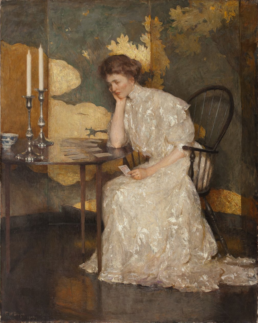Dziewczyna bawiąca się pasjansem (olej na płótnie) autorstwa Frank Weston Benson
