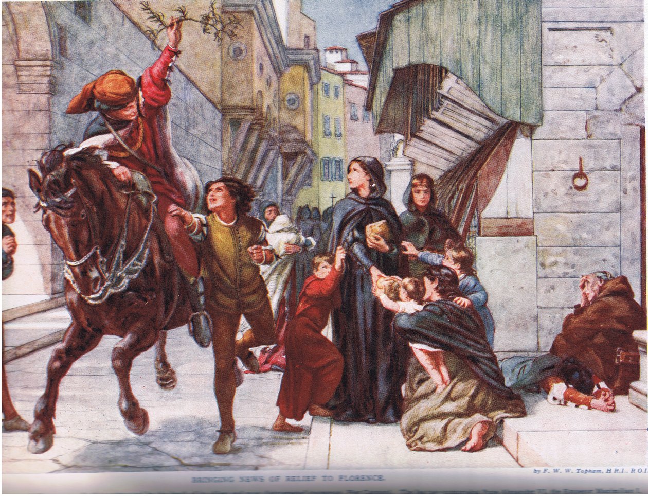 Przynosząc wieści o pomocy do Florencji, ilustracja z „Historii Narodów Hutchinsona” autorstwa Frank William Warwick Topham