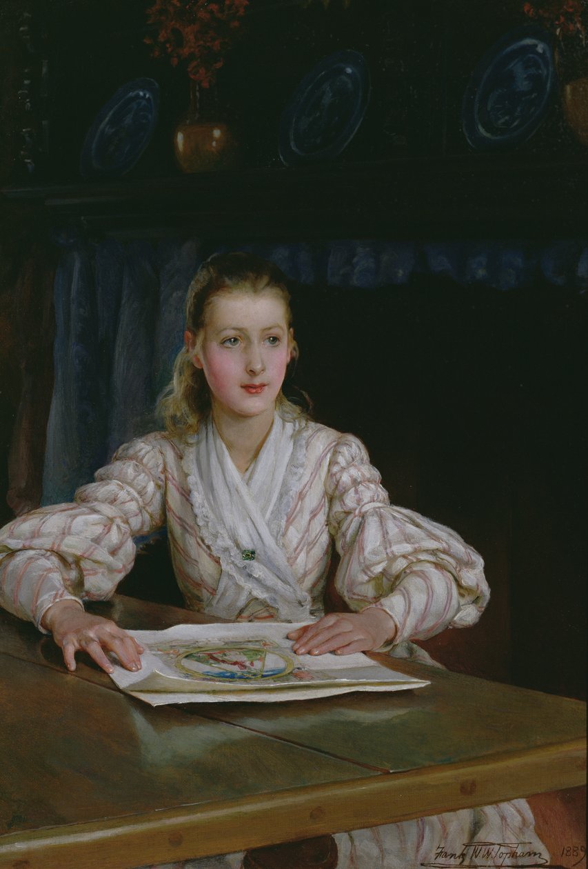 Młoda dziewczyna patrząca na odbitkę, 1889 autorstwa Frank William Warwick Topham