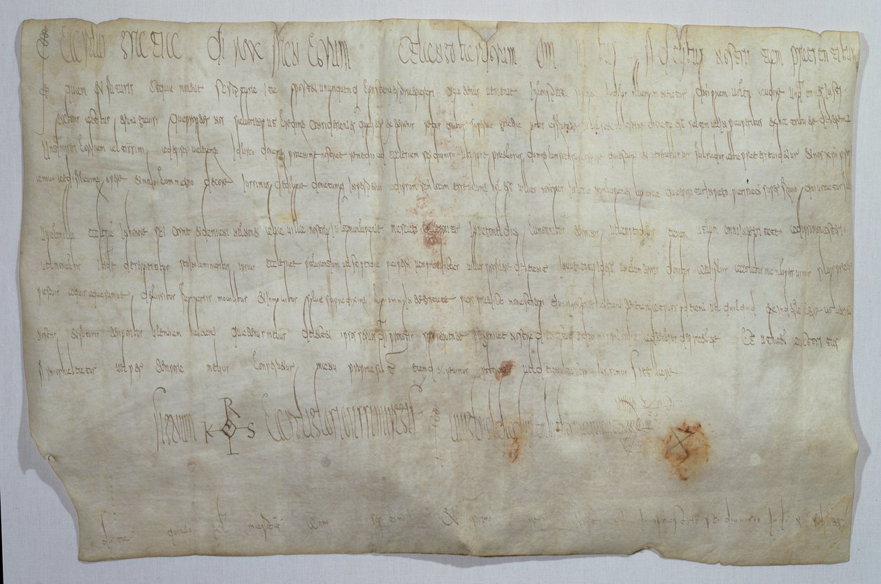 Dokument podpisany przez cesarza Karola Wielkiego (742-814) z jego monogramem (welin) autorstwa Frankish School