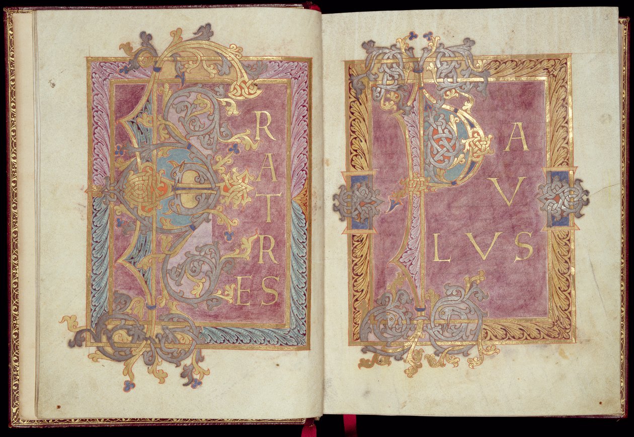 Ms McClean 30, ff.2v-3r: Początkowe strony obramowane liśćmi akantu, z Epistolarii Reichenau, koniec X w. (złoty tusz i tempera na pergaminie) autorstwa Frankish School