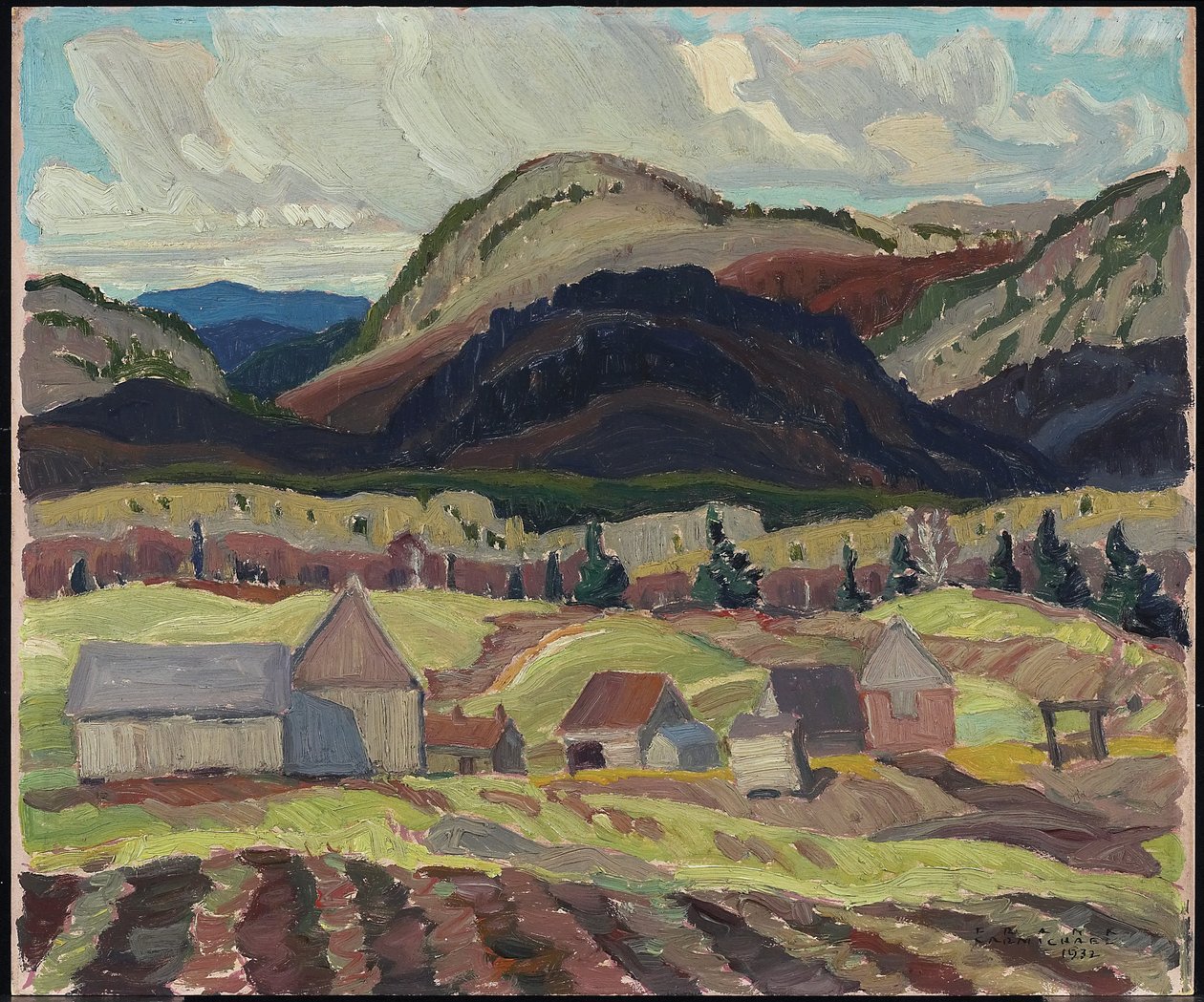 Budynki gospodarcze, La Cloche, 1932 (olej na laminowanej tekturze) autorstwa Franklin Carmichael