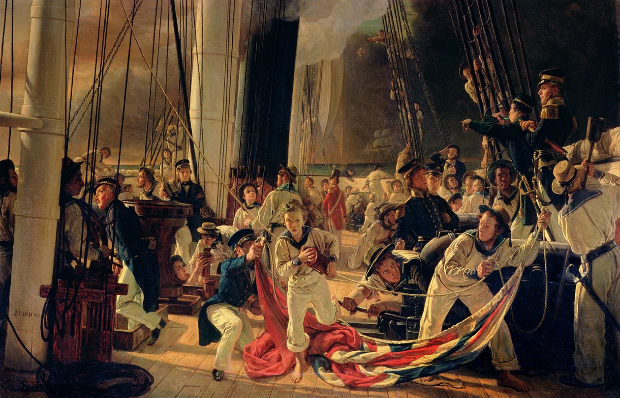 Na pokładzie podczas bitwy morskiej, 1855 autorstwa François Auguste Biard