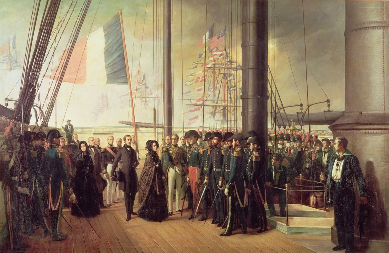 Królowa Wiktoria I, odebrana na pokładzie parowca „Le Gomer” przez kontradmirała Lasusse, 15 października 1844 autorstwa François Auguste Biard