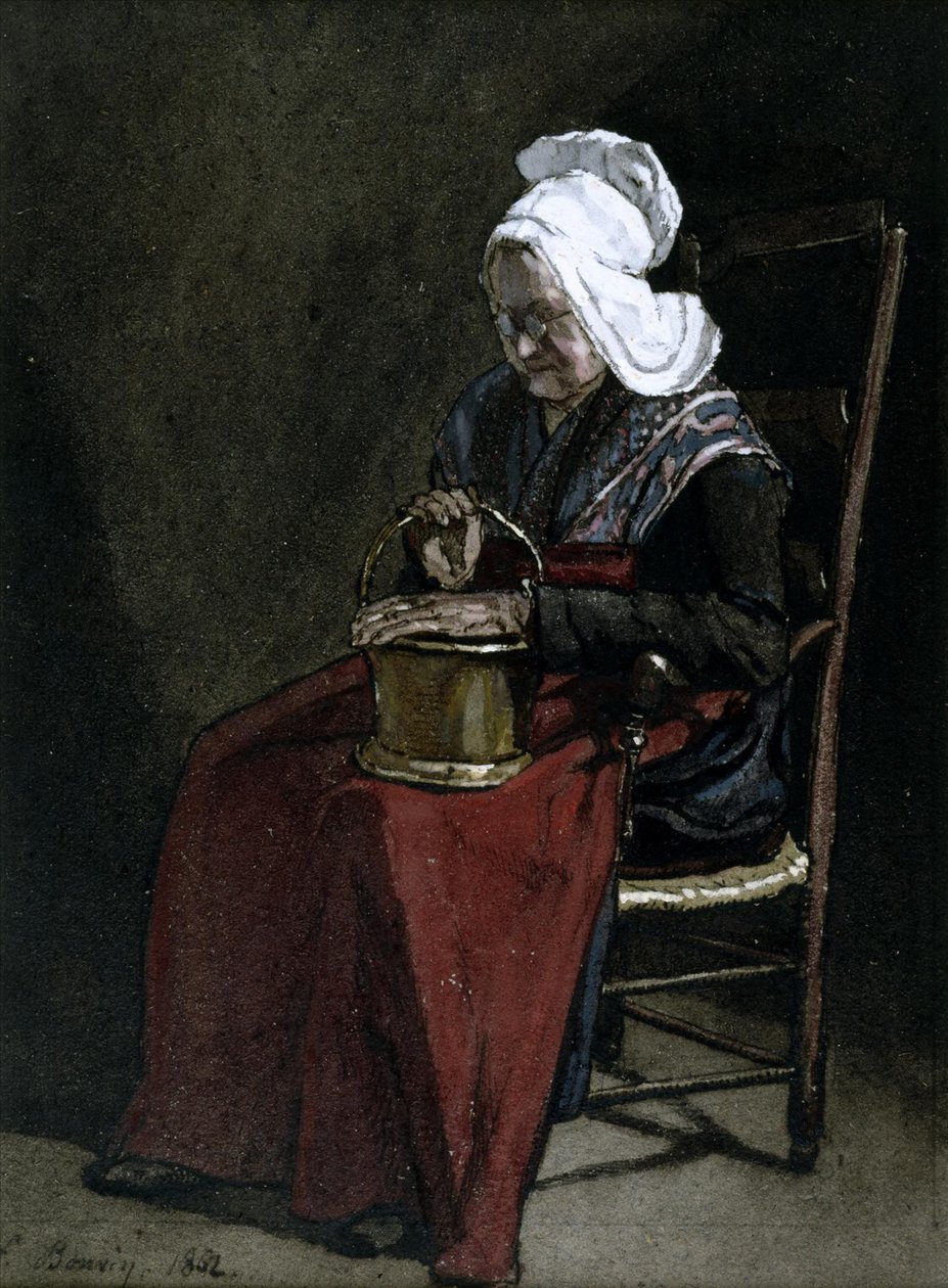 Stara kobieta z mosiężnym garnkiem, 1862 (toaleta, długopis, atrament i ołówek na papierze) autorstwa François Bonvin