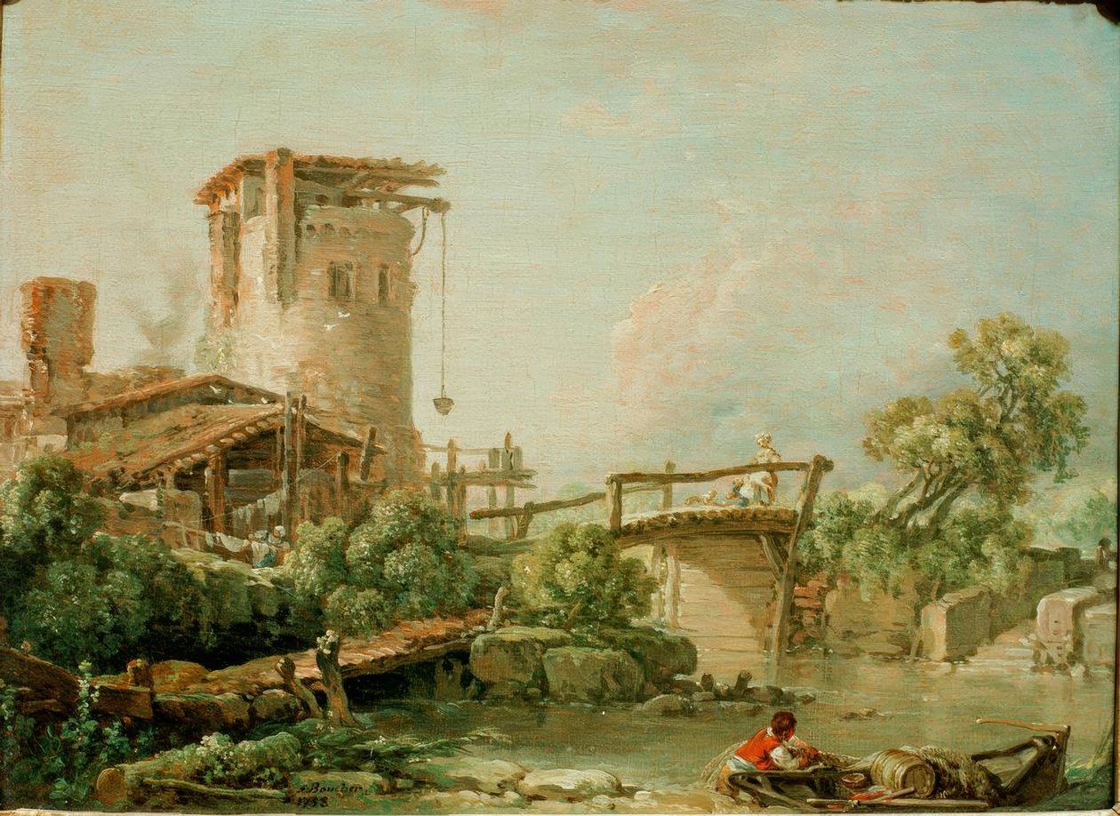 Krajobraz z wieżą i mostem autorstwa François Boucher