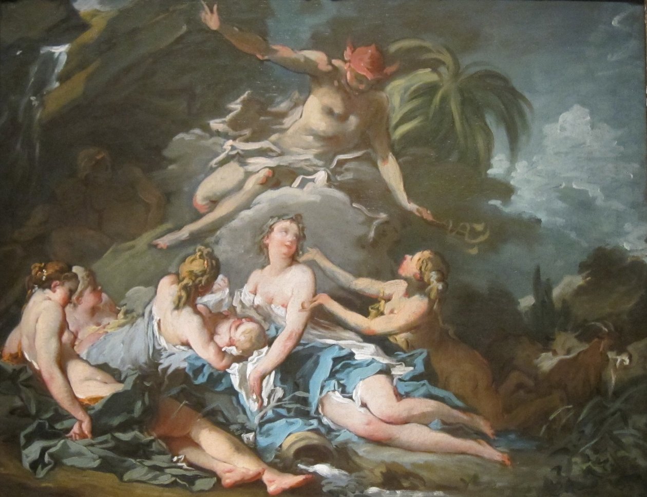 Merkury powierza niemowlęcia Bachusa nimfom nyskim autorstwa François Boucher