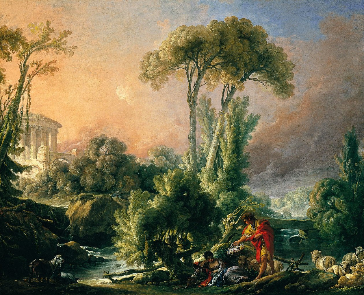 Krajobraz rzeki ze starożytną świątynią autorstwa François Boucher