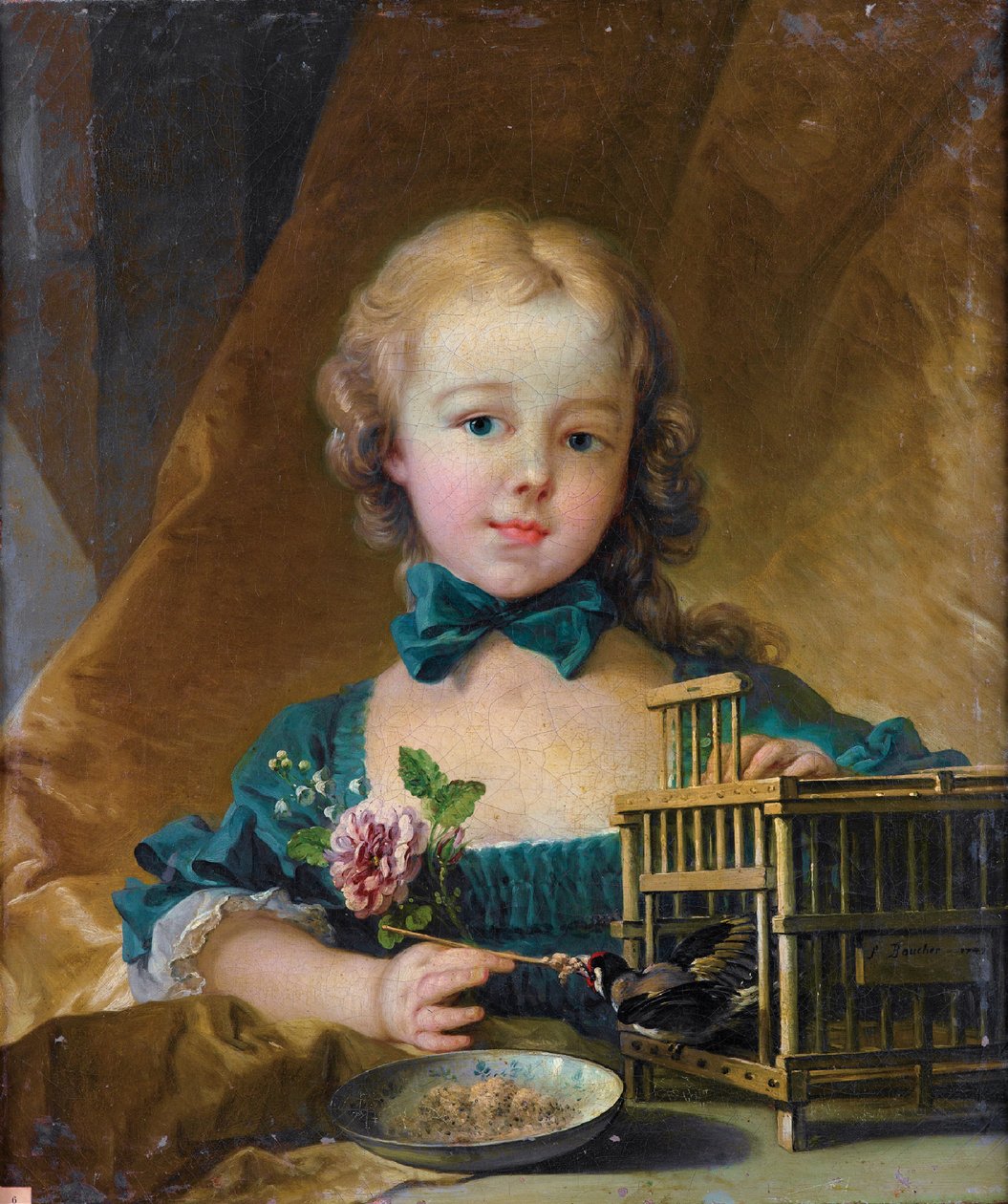 Portret Aleksandryny Le Normant dÉtiolles bawiącej się ze szczygłem autorstwa François Boucher