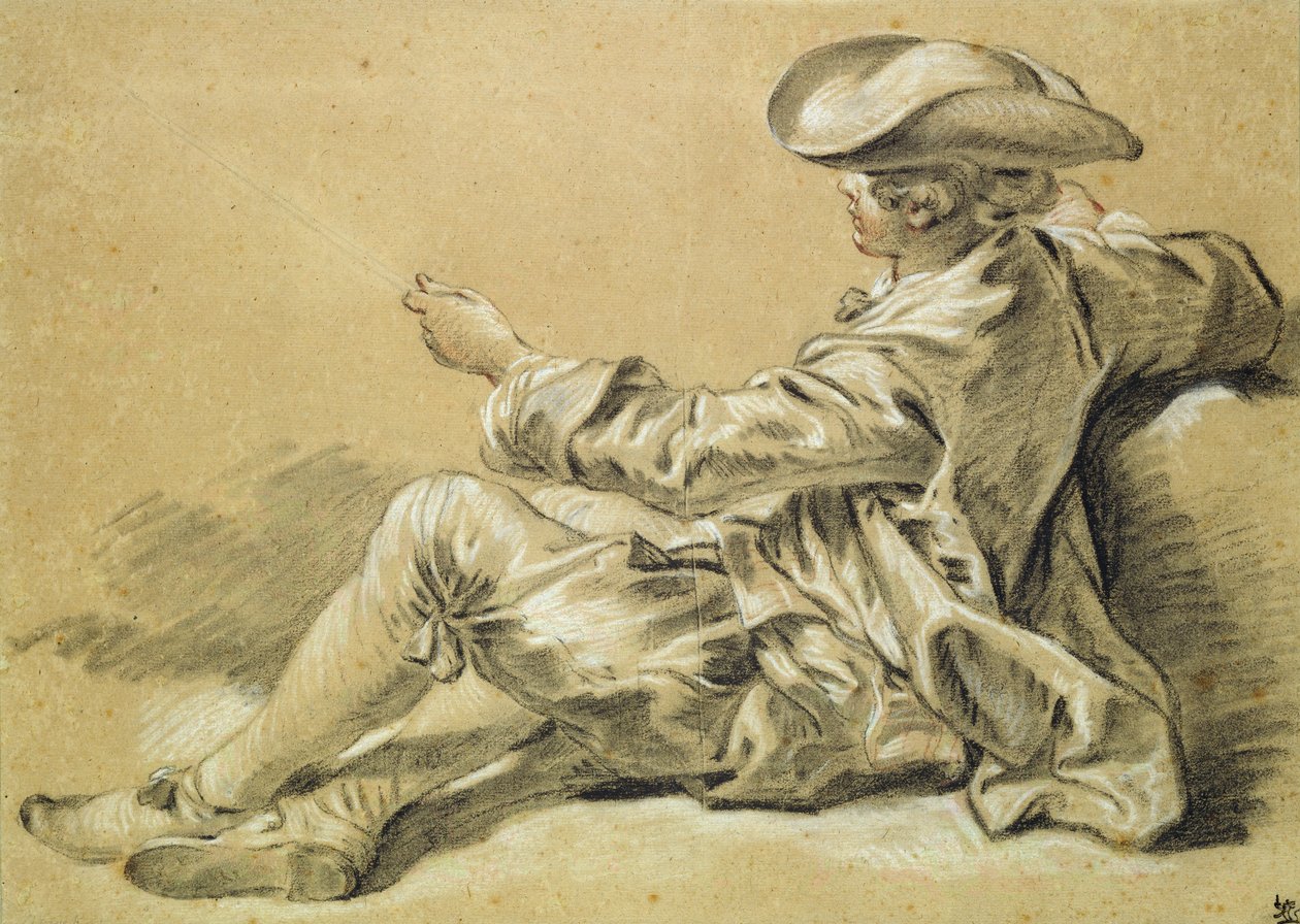 Mały chłopiec z wędką, 1755 (czarno-biała kreda z czerwoną kredą na jasnobrązowym papierze) autorstwa François Boucher