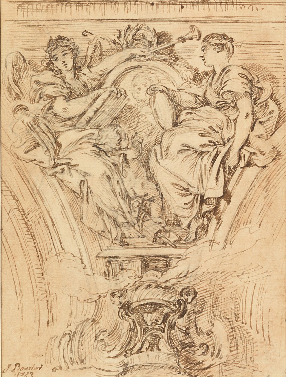 Spandrel Dekoracja - Sława i Prawda Oklaskiwają Ludwika XV autorstwa François Boucher