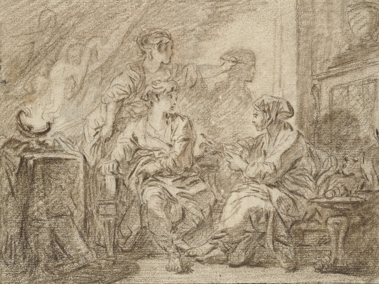 Wynalazek rysunku (brązowa kreda na białym papierze, obrysowana czarnym tuszem) autorstwa François Boucher