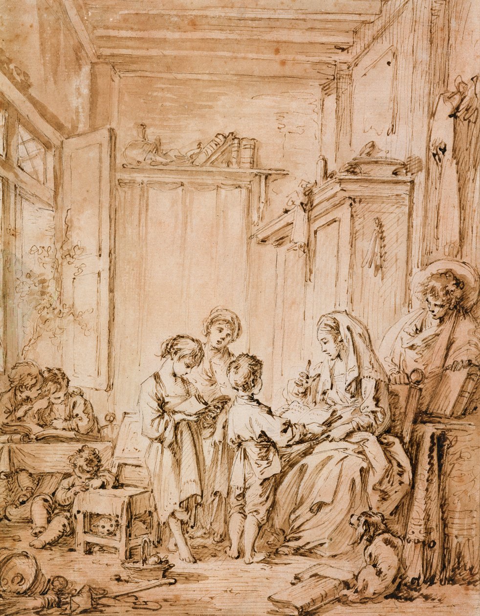 Sala szkolna (tusz i brązowe pranie na papierze) autorstwa François Boucher