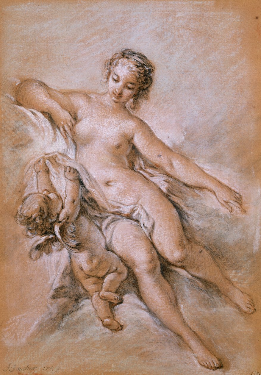 Wenus i Kupidyn (ołówek i kreda na papierze) autorstwa François Boucher