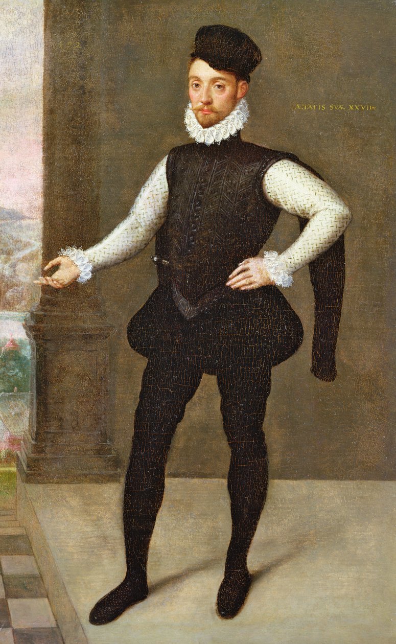 Pełnometrażowy portret dżentelmena w czarnym dublecie autorstwa François Clouet