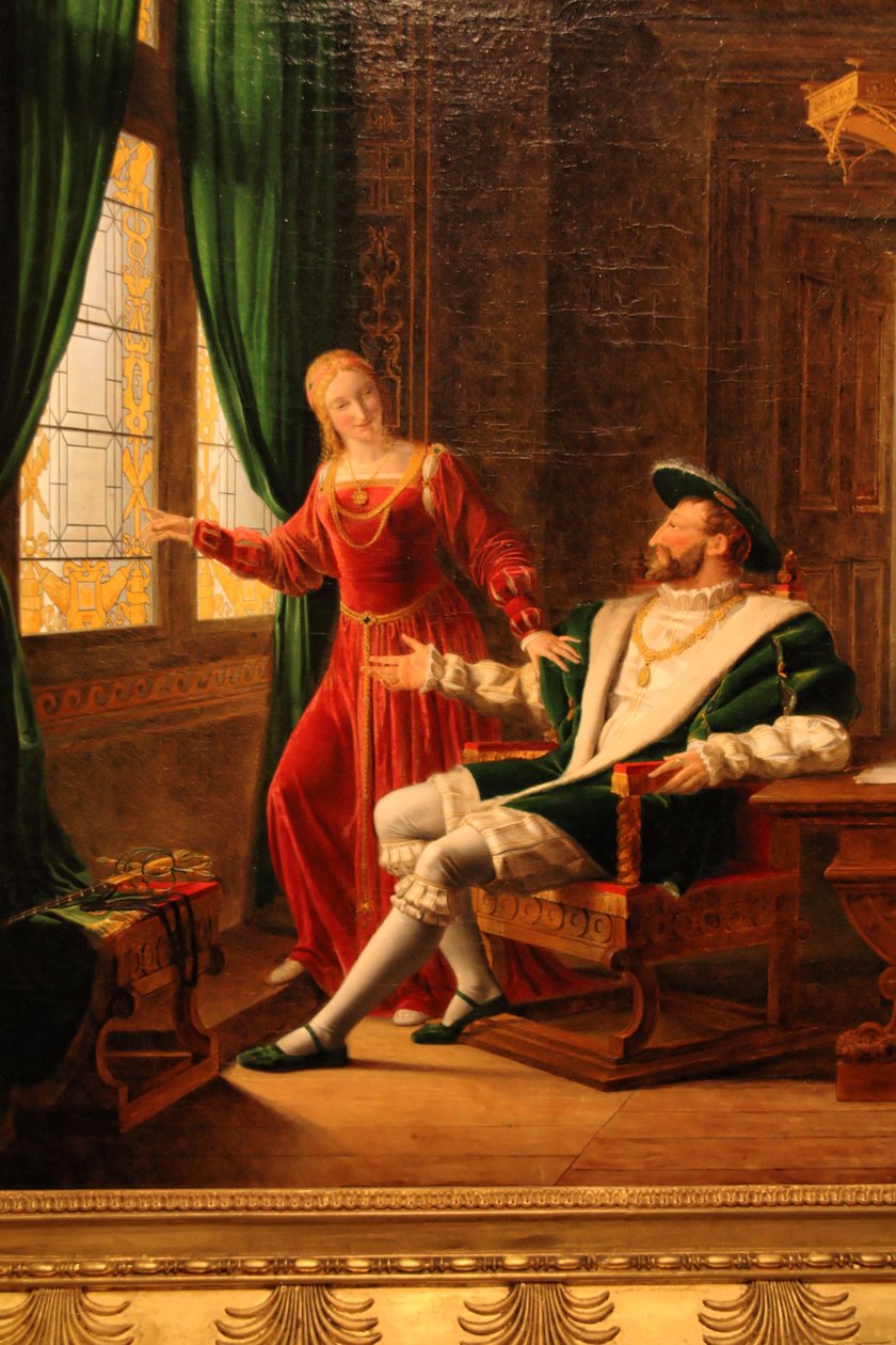 Franciszek I pokazuje swojej siostrze Marguerite de Navarre wersety, które właśnie napisał na szkle swoim diamentem autorstwa François Fleury Richard