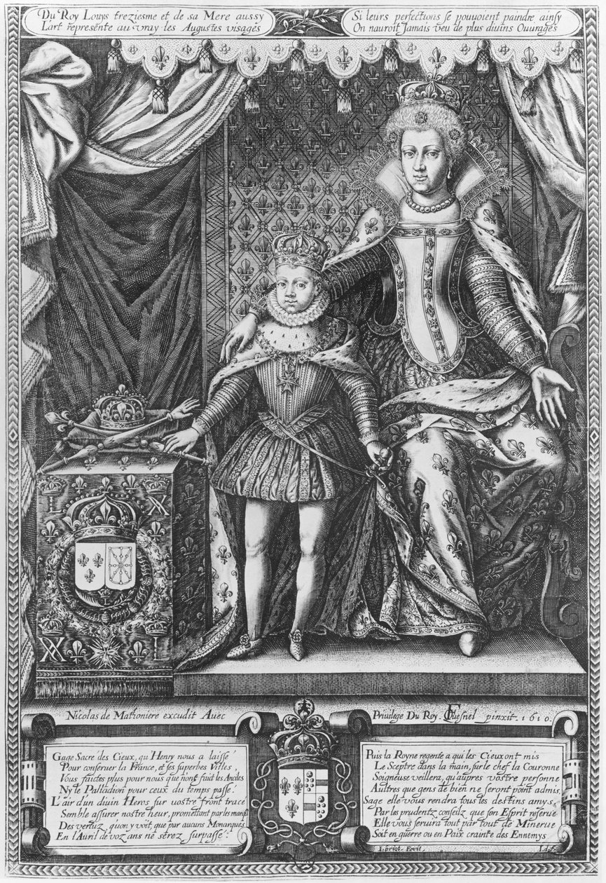 Królowa Maria de Medicis i Ludwik XIII w dzieciństwie, grawerowane przez Nicolasa de Mathoniere (fl.1600-22) 1610 autorstwa François Quesnel