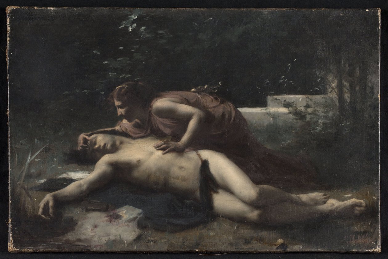 Piramus i Tebe, ok. 1875 (olej na płótnie) autorstwa François Alfred Delobbe