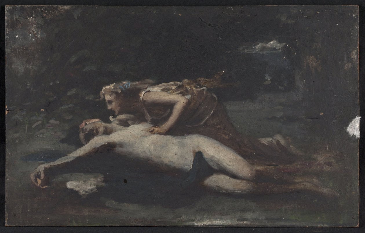 Pyramus i Thisbe, ok. 1875 (olej na drewnie) autorstwa François Alfred Delobbe