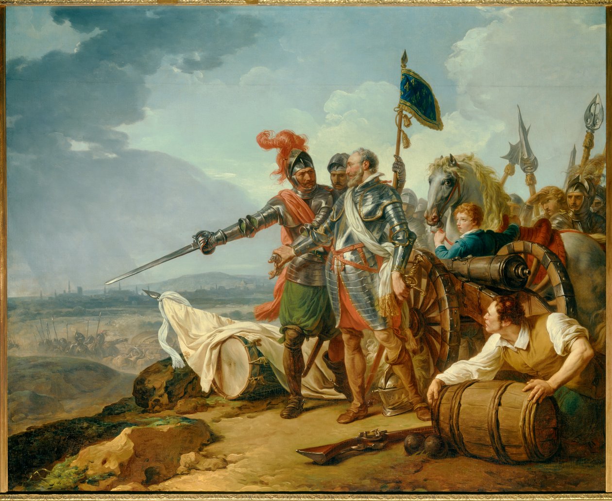 Wojna Religijna: „Król Henryk IV sprowadzający żywność do Paryża w sierpniu 1590 r.” Król Henryk IV (1553-1610) pod Paryżem podczas oblężenia miasta w 1590 r. zaopatruje głodujących Paryżan. Obraz Francois Andre Vincent (1746-1816) 1783 Nd. 1,57x1,92 m² autorstwa François André Vincent