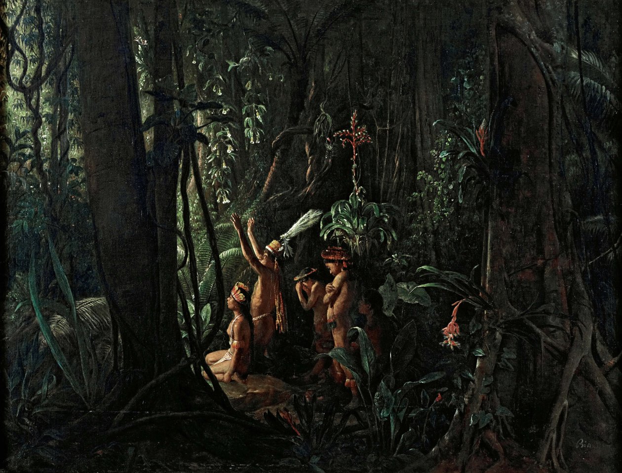 Indianie amazońscy czczący Boga Słońca, ok. 1860 r. autorstwa François August Biard