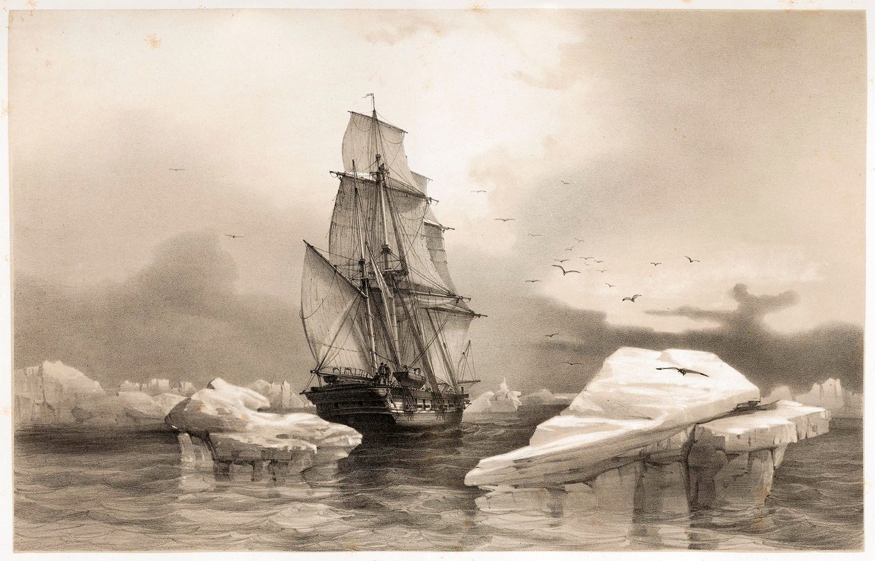 Corvette La Recherche w pobliżu Wyspy Niedźwiedziej, 7 sierpnia 1838, z Voyages en Scandinavia, 1852. autorstwa François Auguste Biard