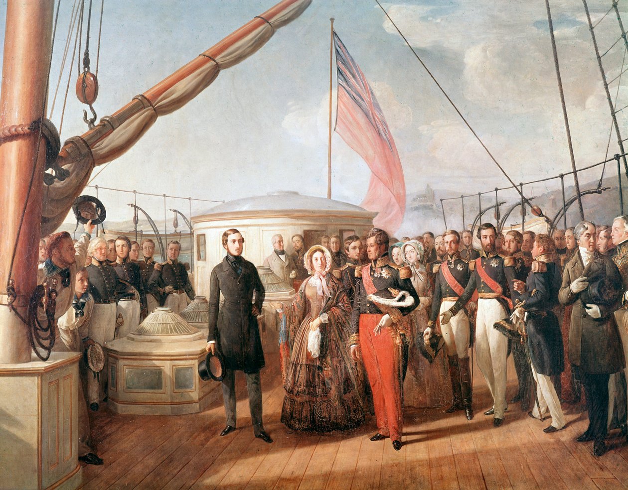 Wywiad między Wiktorią, królową Anglii i Ludwikiem Filipem, królem Francji, na pokładzie jachtu Victoria and Albert, w pobliżu Treport, 2 września 1843 r. (Detal Painting autorstwa François Auguste Biard