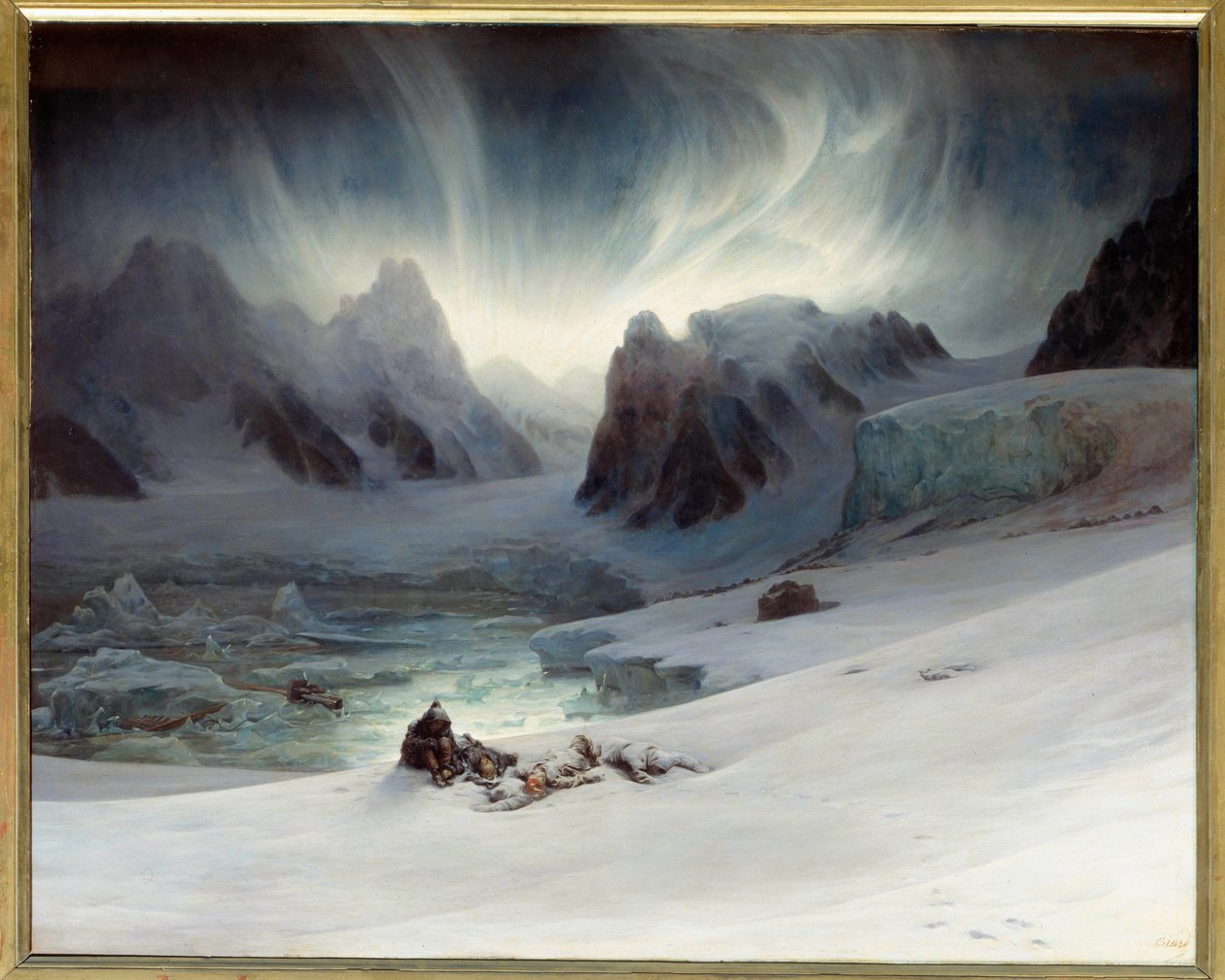 Magdalena Bay widziana z grobowca na półwyspie na północnym Spitsbergenie. Efekt zorzy polarnej. Olej na płótnie, 1,30 x 1,63 m. - „”Magdalena Bay, widok z półwyspu grobowców na północ od Spitzbergu, efekt zorzy polarnej”” Obraz Francois Auguste Biard autorstwa François Auguste Biard
