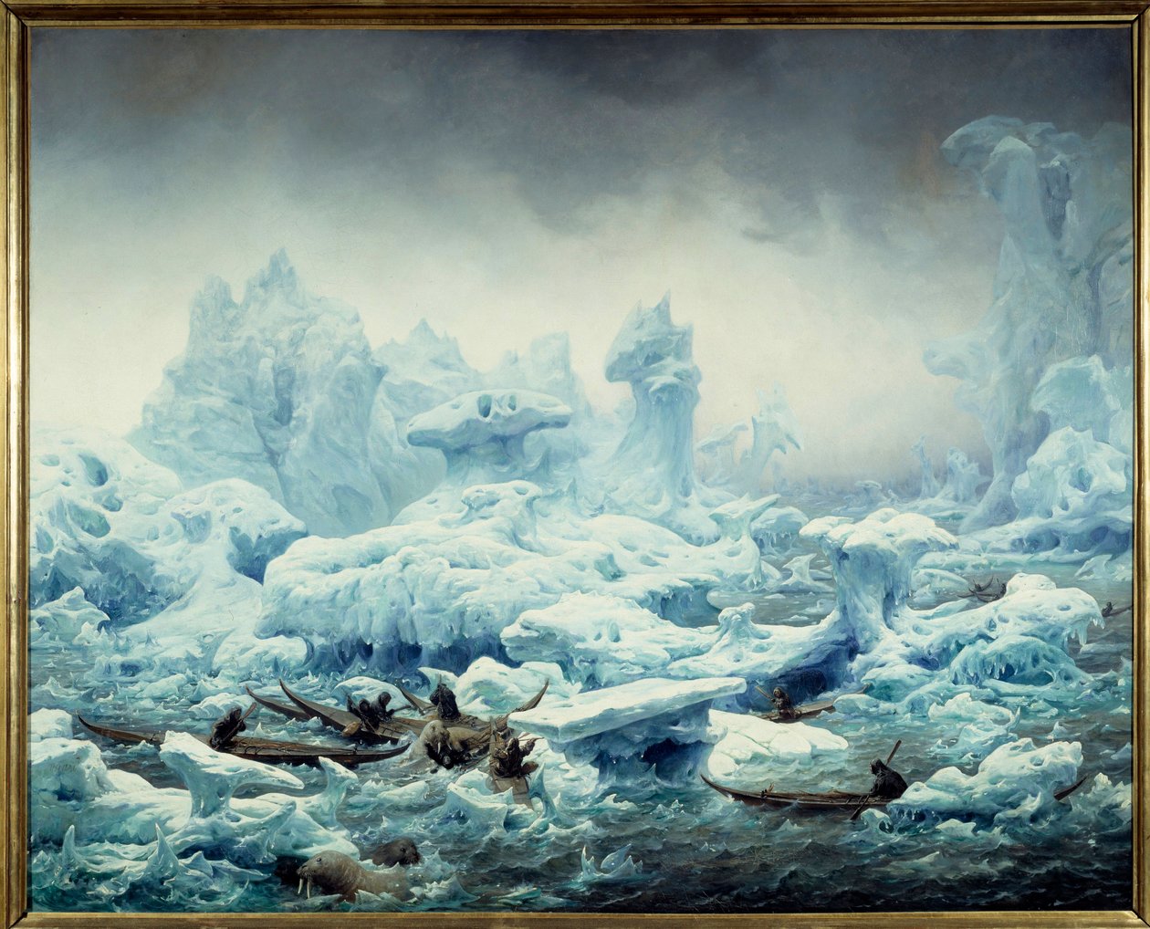 Widok na lodowaty ocean, łowienie morsów przez Grenlandczyków Obraz Francois Auguste Biard (1799-1882) 1841 Nd. 1,3x1,63 m Dieppe, musee du chateau - Łowienie morsa na Oceanie Arktycznym. Widok na Morze Polarne, Grenlandczycy polujący na morsa. Malowanie p autorstwa François Auguste Biard