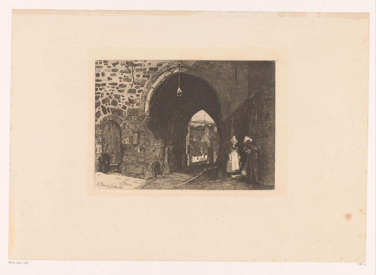 Gezicht op de Porte de St. Malo te Dinan Dziesięć akwafort, rysowanych i grawerowanych przez malarza F. Bonvina (tytuł serii) autorstwa François Bonvin