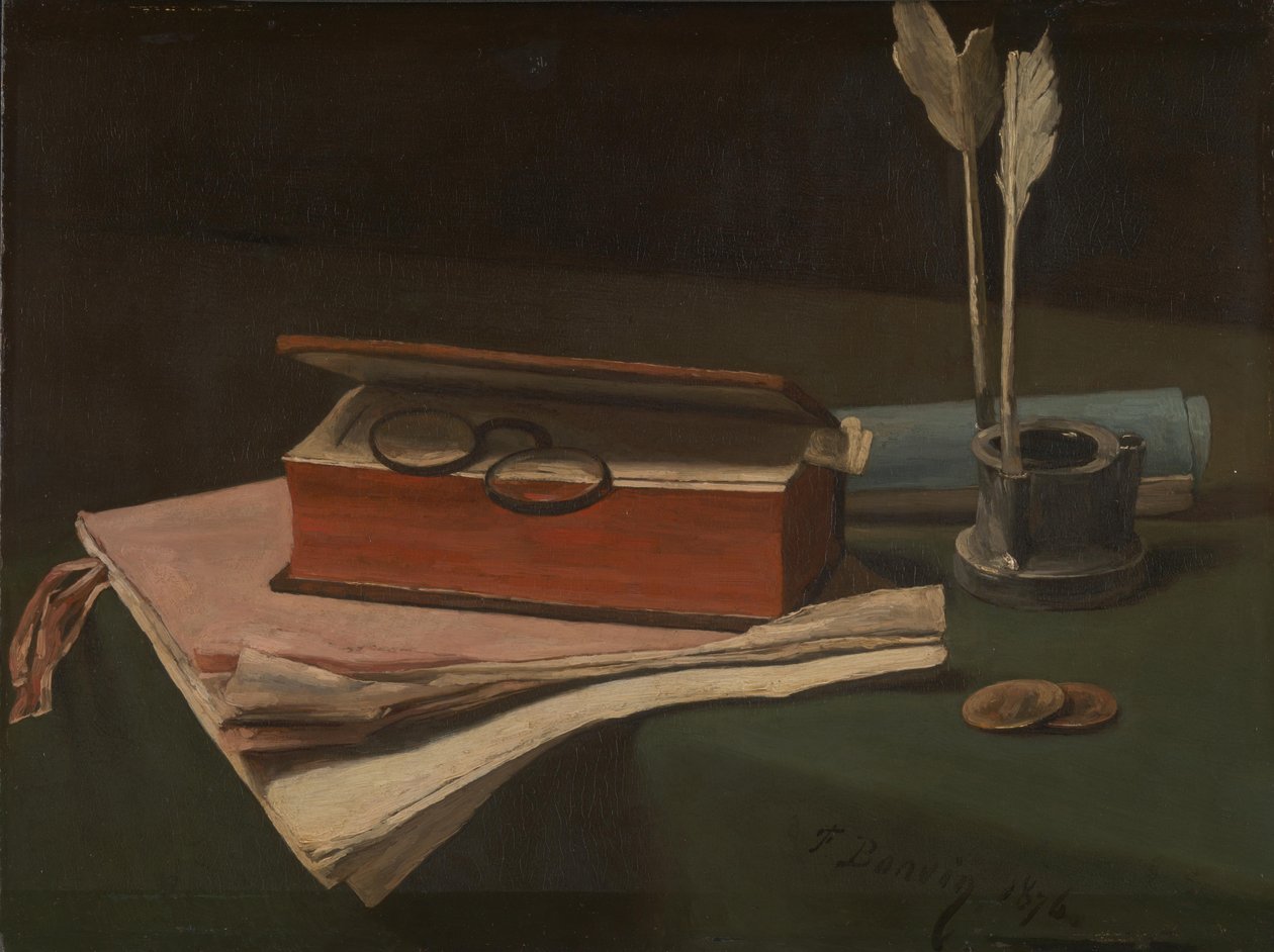 Martwa natura z książką, papierami i kałamarzem, 1876 autorstwa François Bonvin