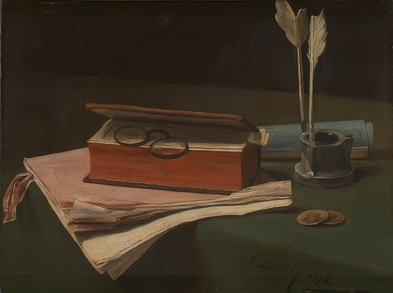 Martwa natura z książką, papierami i kałamarzem. 1876 autorstwa François Bonvin