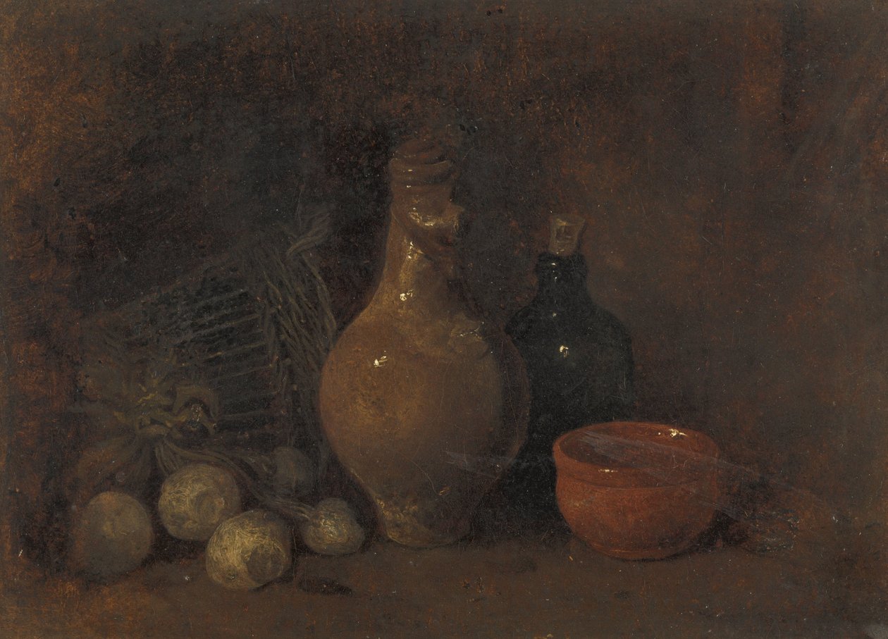 Martwa natura z czterema owocami, szkłem i ceramiką autorstwa François Bonvin