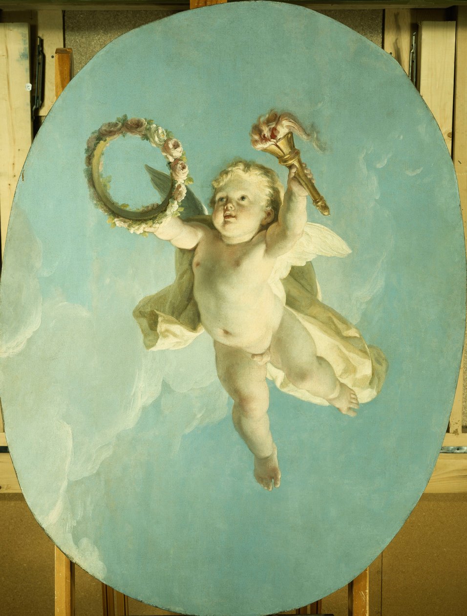 Putti w locie trzymający wieniec i pochodnię, autorstwa François Boucher
