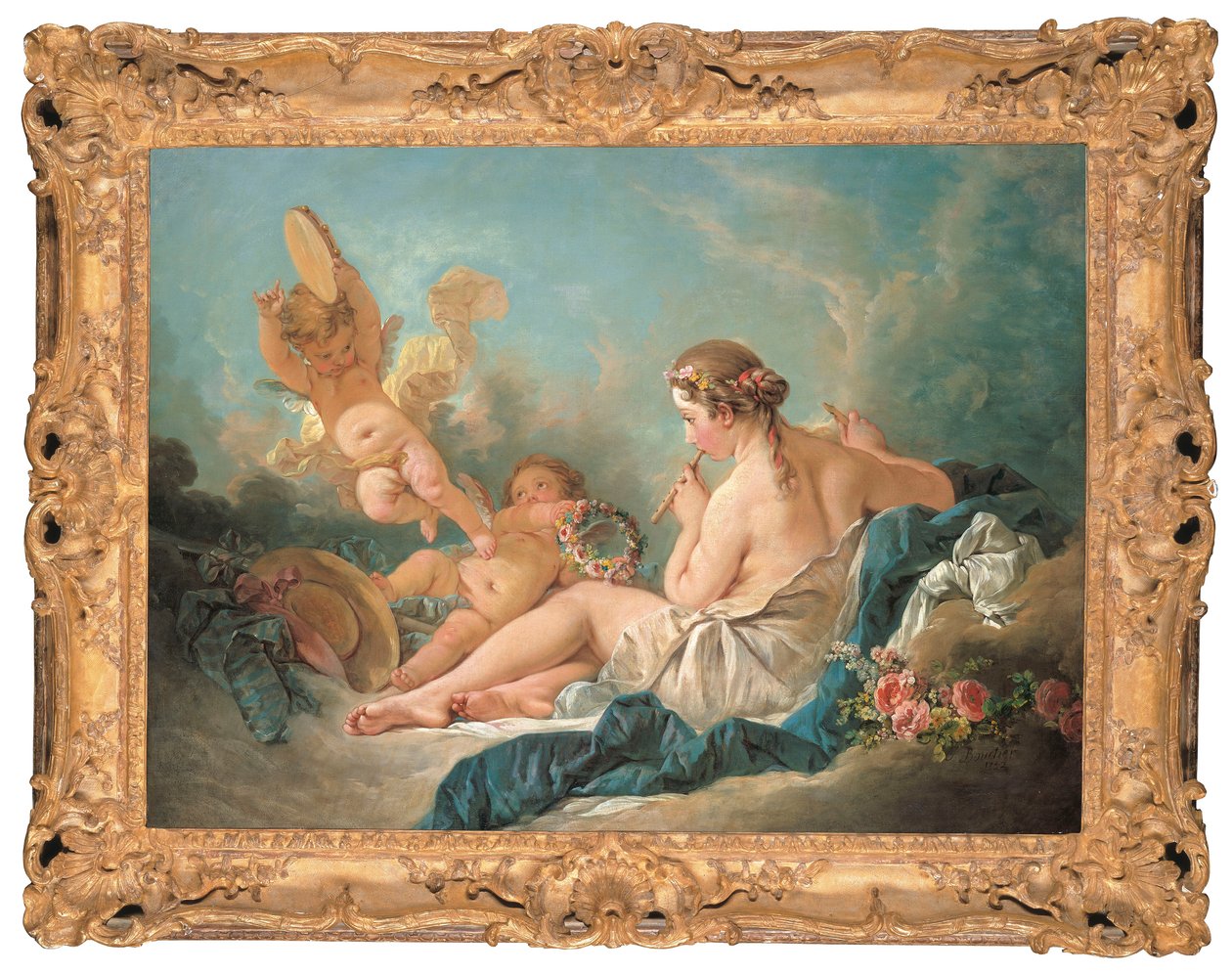 Leżąca nimfa grająca na flecie z Putti, być może muza Euterpe, 1752 autorstwa François Boucher