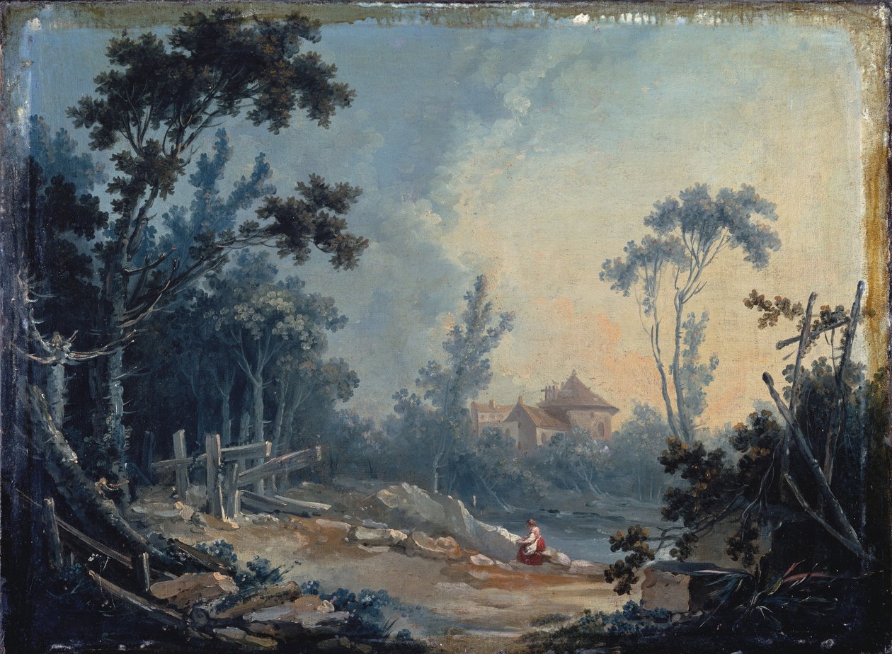 Zalesiony krajobraz z budynkami w oddali autorstwa François Boucher