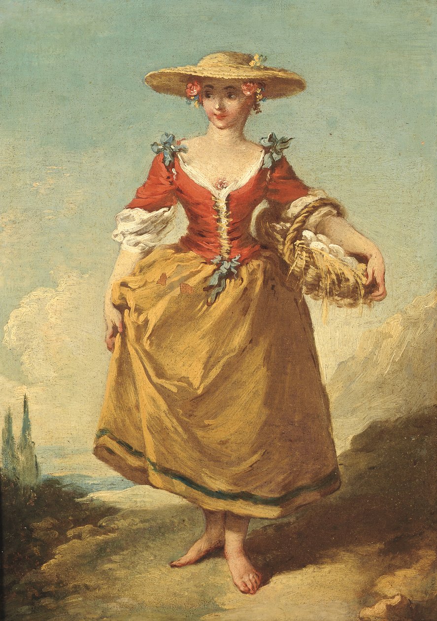 Chłopka w pejzażu niosąca kosz jajek (olej na płótnie) autorstwa François Boucher