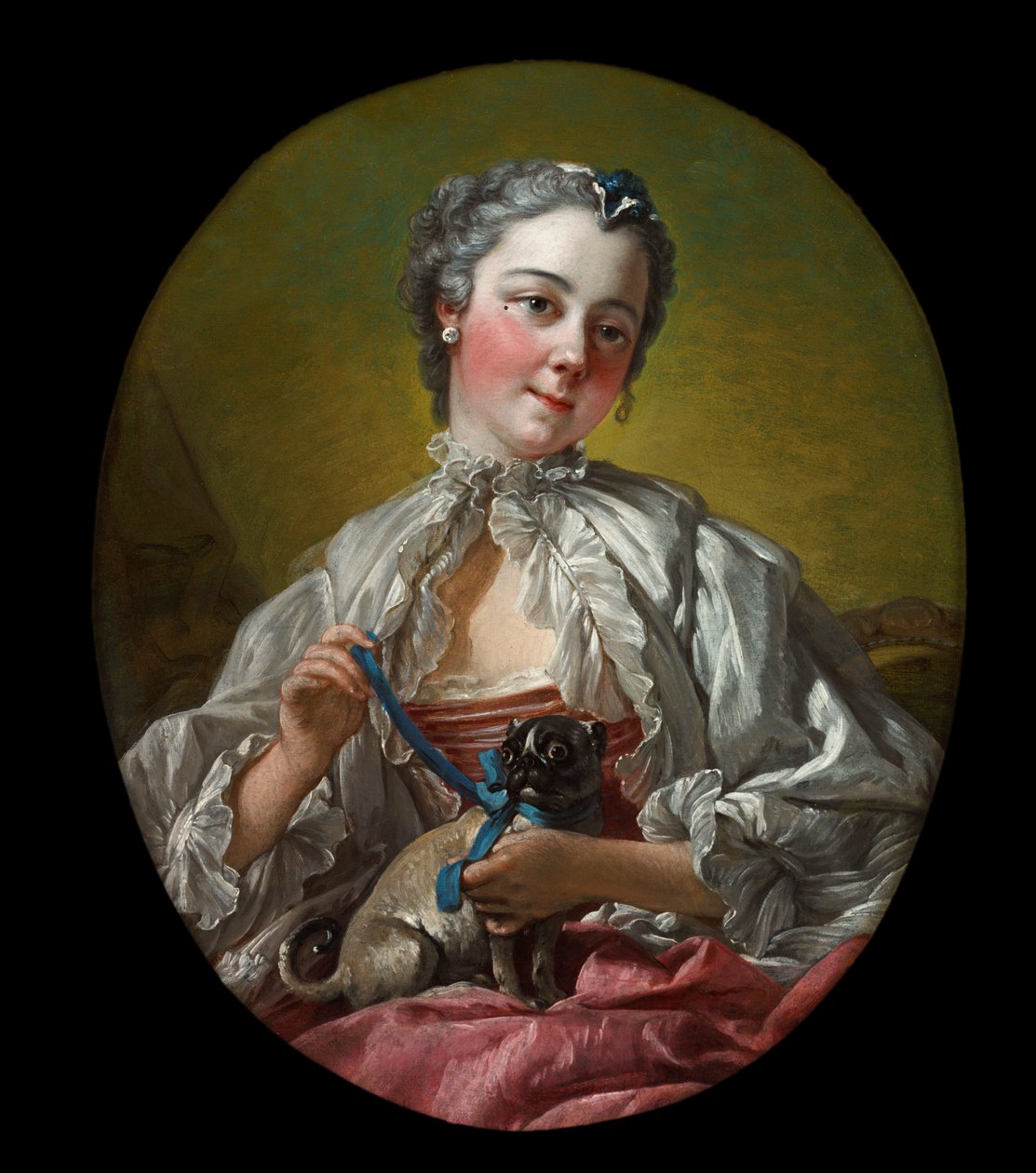 Młoda dama trzymająca psa mopsa autorstwa François Boucher