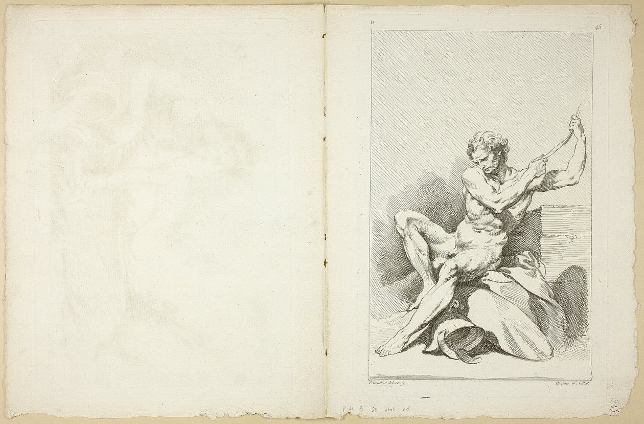 Akt akademicki (recto i verso), z drugiej księgi figur akademickich częściowo rytowany przez profesorów Akademii Królewskiej autorstwa François Boucher