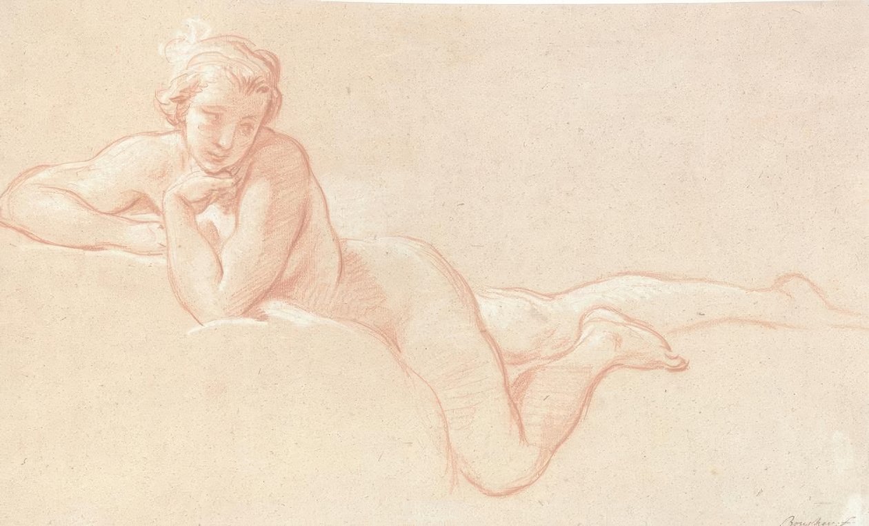 Nagie studium kobiety leżącej na chmurach z brodą opartą na lewej ręce autorstwa François Boucher