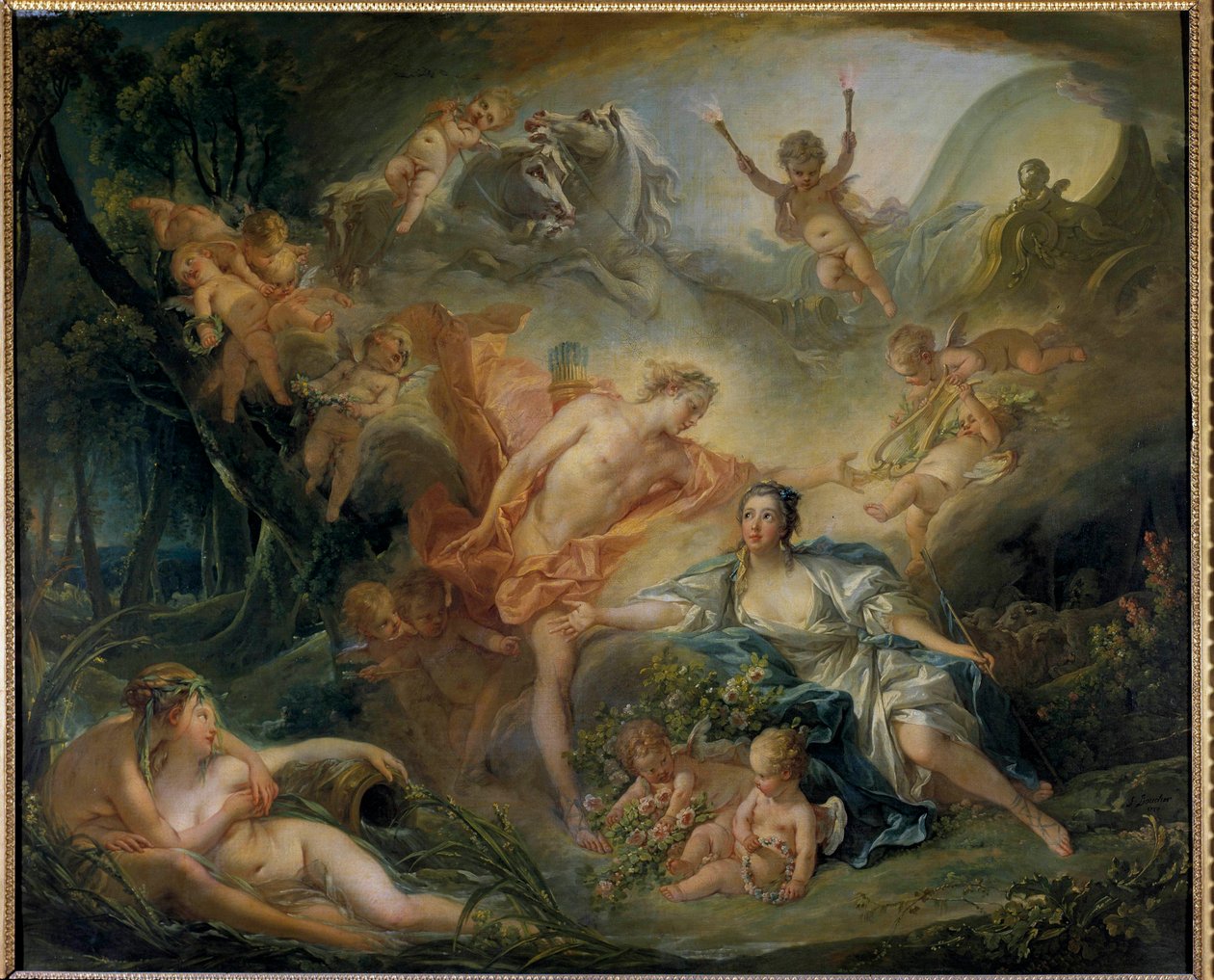 Apollo objawia swoje bóstwo pasterzowi Is La bergere kocha Filemona, który w rzeczywistości jest bogiem Apollem. Obraz Francois Bouchera (1703-1770) 1750 Nd. 1,29 x 1,57 m Wycieczki, Musee des Beaux Arts autorstwa François Boucher